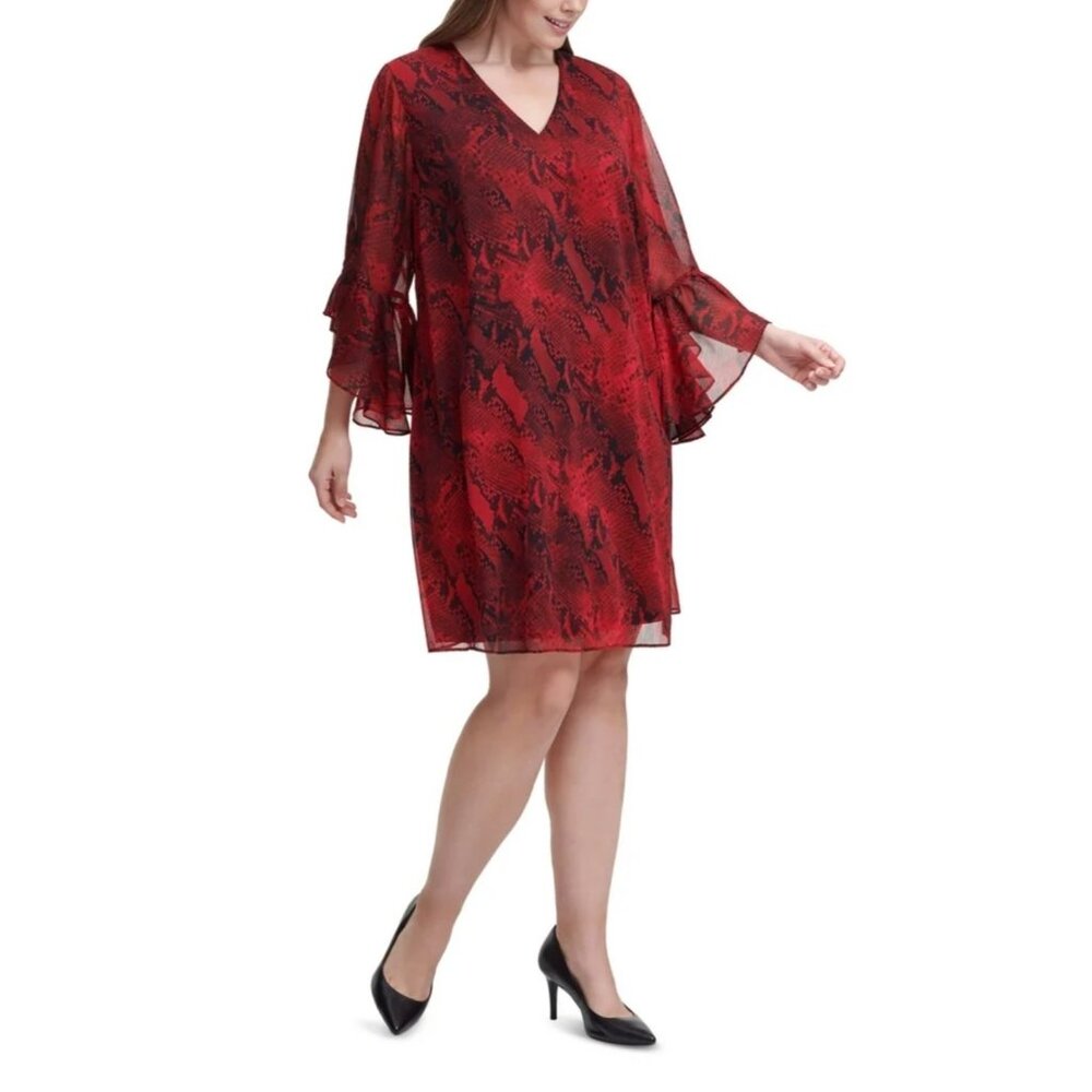 CALVIN KLEIN Red Snake Print Ruffle Bell Sleeve Chiffon Dress 14W NWT Cocktail